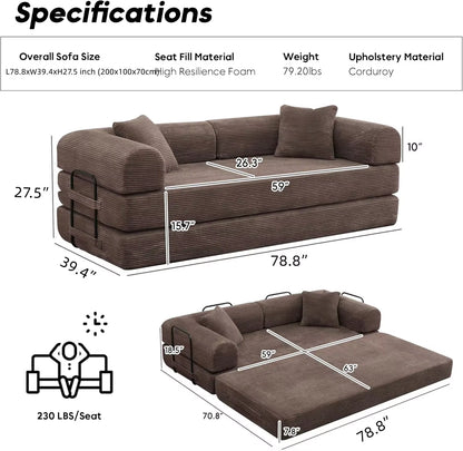 79" Compression Sofa Convertible Sofa Bed Boneless Couch Sofas Convertible Folding Comfy Corduroy Sleeper Floor Sofa Bed