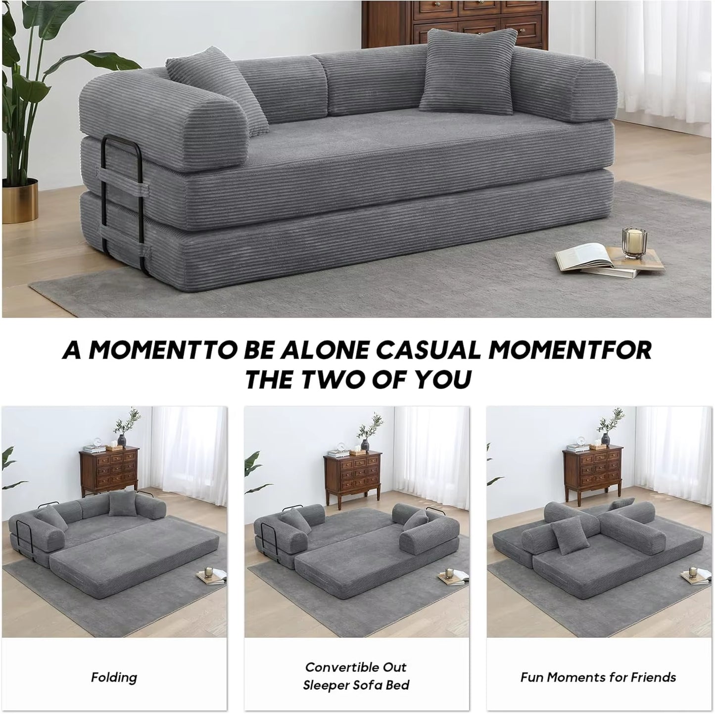 79" Compression Sofa Convertible Sofa Bed Boneless Couch Sofas Convertible Folding Comfy Corduroy Sleeper Floor Sofa Bed