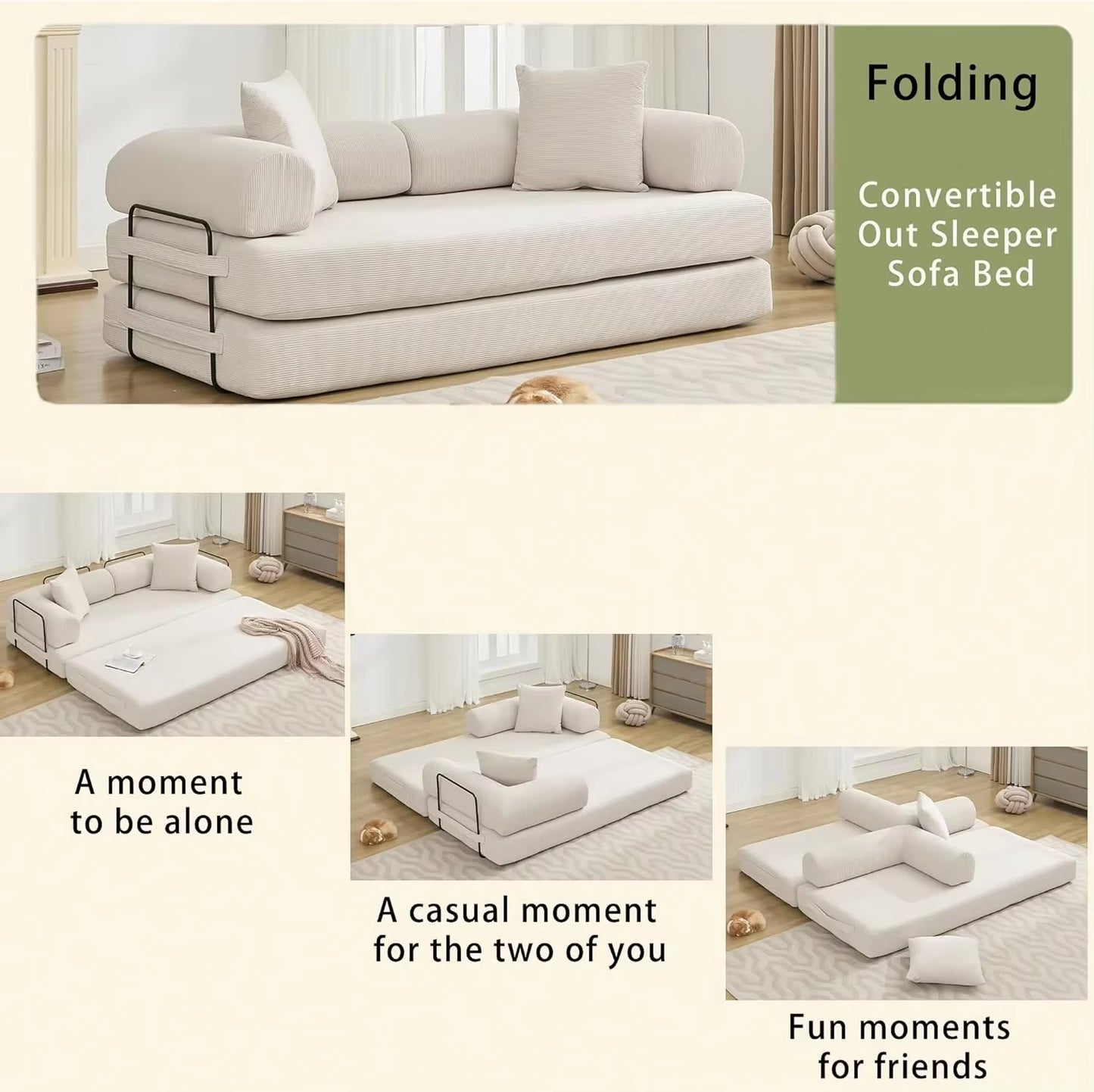 79" Compression Sofa Convertible Sofa Bed Boneless Couch Sofas Convertible Folding Comfy Corduroy Sleeper Floor Sofa Bed